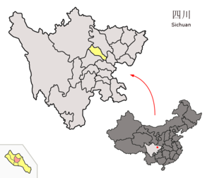 Localisation du district de Jingyang (en rose) dans la préfecture de Deyang (en jaune)