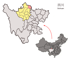 Localisation du xian de Jiuzhaigou (en rose) dans la préfecture d'Aba (en jaune)