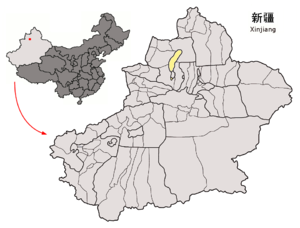Localisation d'Urho dans la préfecture de Karamay (en jaune)