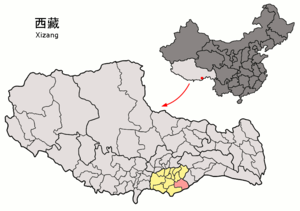 Localisation du xian de Lhünzê (en rose) dans la préfecture de Shannan (en jaune)