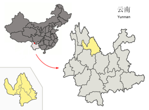 Localisation de la ville de Lijiang et de sa préfecture (en jaune)