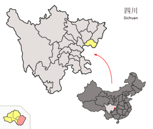 Localisation du xian de Linshui (en rose) dans la préfecture de Guang'an (en jaune)