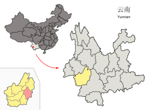 Localisation du district de Linxiang (en rose) dans la préfecture de Lincang (en jaune)