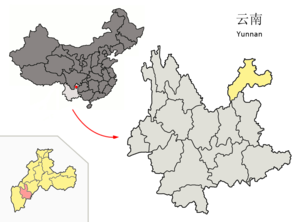 Localisation du xian de Ludian (en rose) dans la préfecture de Zhaotong (en jaune)