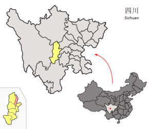 Localisation du xian de Lushan (en rose) dans la préfecture de Ya'an (en jaune)