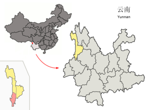 Localisation du xian de Lushui (en rose) dans la préfecture de Nujiang (en jaune)