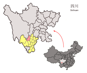 Localisation du xian de Mianning (en rose) dans la préfecture de Liangshan (en jaune)