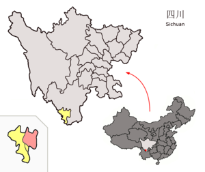 Localisation du xian de Miyi (en rose) dans la préfecture de Panzhihua (en jaune)