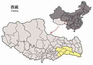 Localisation de la ville de Bayi dans la préfecture de Nyingchi (en jaune)