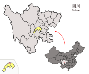 Localisation du xian de Pengshan (en rose) dans la préfecture de Meishan (en jaune)