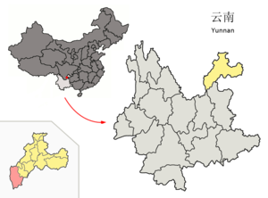 Localisation du xian de Qiaojia (en rose) dans la préfecture de Zhaotong (en jaune)