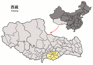 Localisation du xian de Qonggyai (en rose) dans la préfecture de Shannan (en jaune)