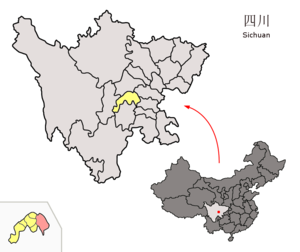 Localisation du xian de Renshou (en rose) dans la préfecture de Meishan (en jaune)