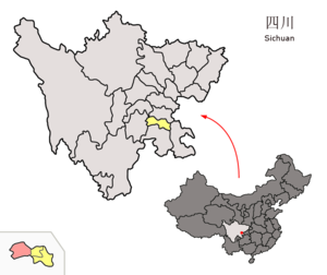 Localisation du xian de Rong (en rose) dans la préfecture de Zigong (en jaune)