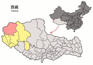 Localisation du xian de Rutog (en rose) dans la préfecture de Ngari (en jaune)