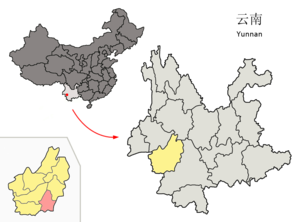 Localisation du xian de Shuangjiang (en rose) dans la préfecture de Lincang (en jaune)