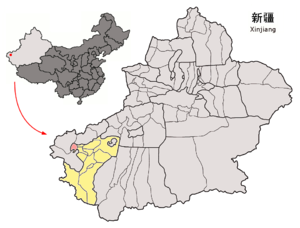 Localisation du xian de Shufu (en rose) dans la préfecture de Kachgar (en jaune)