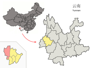Localisation du xian de Tengchong (en rose) dans la préfecture de Baoshan (en jaune)