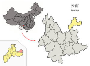 Localisation du xian de Weixin (en rose) dans la préfecture de Zhaotong (en jaune)