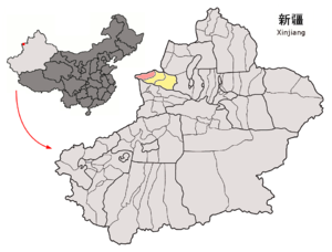 Localisation du xian de Wenquan (en rose) dans la préfecture de Börtala (en jaune)