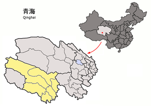 Localisation de la ville de Gyêgu (Yushu) dans la préfecture de Yushu (en jaune)