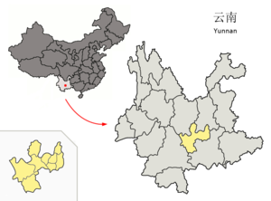 Localisation de la ville de Yuxi et de sa préfecture (en jaune)