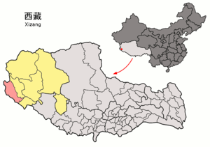 Localisation du xian de Zanda (en rose) dans la préfecture de Ngari (en jaune)