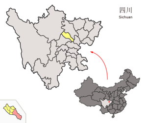 Localisation du xian de Zhongjiang (en rose) dans la préfecture de Deyang (en jaune)