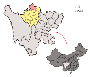 Localisation du xian de Zoigê (en rose) dans la préfecture d'Aba (en jaune)