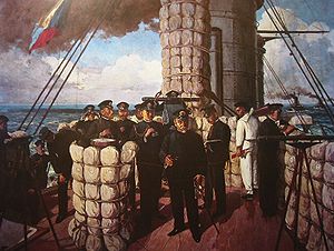 L'Amiral Tōgō sur le pont du Mikasa avec son état-major.