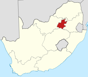 Localisation de la province de Gauteng (en rouge) à l'intérieur de l'Afrique du Sud