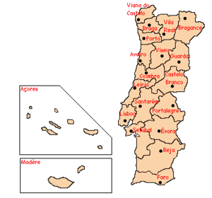Carte des districts portugais et régions autonomes