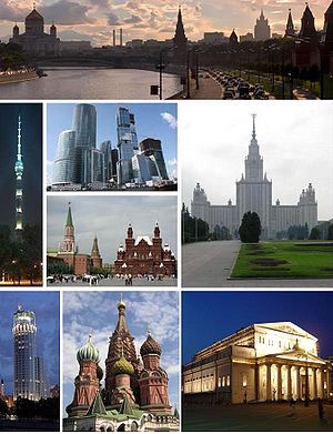 En haut: la cathédrale du Christ-Sauveur et le Kremlin Au milieu: la tour Ostankino, le Centre d'affaires international de Moscou, la place Rouge,et l'Université d'État de MoscouEn bas: le Centre international des arts du spectacle, la cathédrale Saint-Basile et le théâtre Bolchoï
