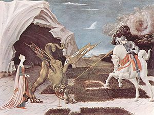 Saint Georges pourfendant le dragon, tableau de Paolo Uccello, v.1456