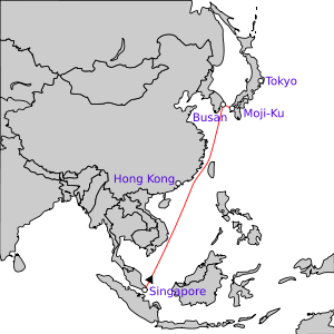 Carte de l'Asie du Sud-Est et de l'Est entre Singapour et le Japon indiquant le trajet approximatif de la Force d'achèvement