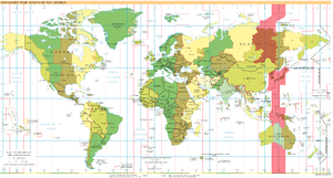 Carte du monde indiquant sa division en fuseaux horaires et mettant en évidence UTC+9 (en rouge).