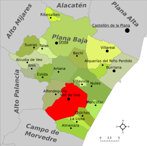 Localisation de La Vall de Uixó dans la comarque de la Plana Baixa