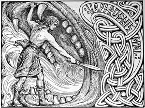 Vidar combat Fenrir. Illustration de W. G. Collingwood (1908).