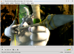 VLC media player 0.9.8a sur Fedora 10 avec KDE 4.2.1, affichant une scène de Big Buck Bunny