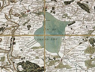Carte manuscrite ancienne du lac, portant de nombreuses indications de noms de lieux.