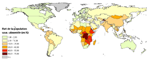Planisphère présentant le degré de faim dans le monde en 2007. L’Afrique contient clairement les régions où ce degré est le plus élevé.