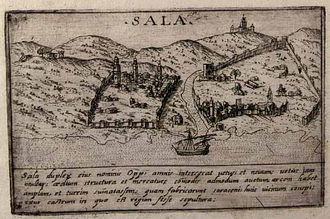 La gravure fait apparaître à gauche (donc sur la rive droite de l'embouchure du Bouregreg) la ville de Salé, et à droite de l'image (donc sur la rive gauche), « Salé-le-Neuf », le futur Rabat.
