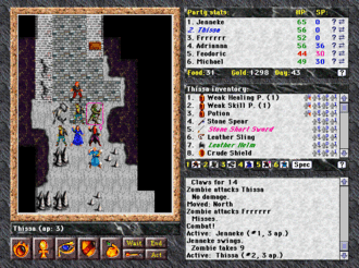 Capture d'écran d'un jeu. La vue de gauche montre les personnages en train de combattre des zombis dans une sorte de cave, tandis que le menu de droite montre la côterie, l'inventaire et le journal de bord.
