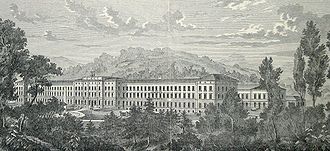 Gravure en noir et blanc de la clinique psychiatrique universitaire de Zurich, surnommée le Burghölzli, vers 1890. Il s'agit d'une grande bâtisse que découvre, au premier plan, une forêt.