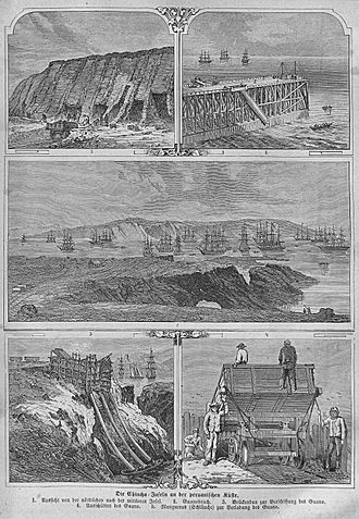 Ce dessin, publié en 1863, comporte cinq images montrant différentes facettes de l'exploitation du guano aux îles Chincha.