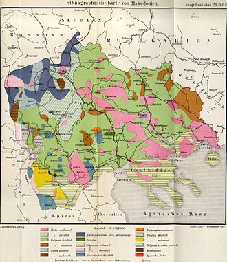 Carte ethnologique et religieuse de la Macédoine montrant les Slavo-Macédoniens comme Bulgares