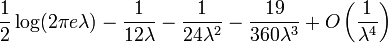 \frac{1}{2}\log(2 \pi e \lambda) - \frac{1}{12 \lambda} - \frac{1}{24 \lambda^2} - \frac{19}{360 \lambda^3} + O\left(\frac{1}{\lambda^4}\right)
