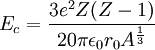 E_c = \frac{3 e^2 Z(Z - 1)}{20 \pi \epsilon_{0} r_0 A^{\frac{1}{3}}}