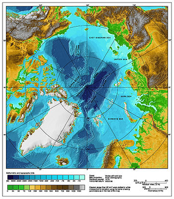 Carte topographique et bathymétrique de l'océan Arctique et ses alentours
