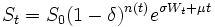  S_t = S_0(1-\delta)^{n(t)}e^{\sigma W_t + \mu t}